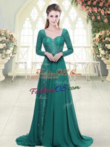 Sophisticated Green Chiffon Backless Sweetheart Long Sleeves Prom Dresses Sweep Train Beading and Lace