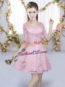 V-neck Half Sleeves Bridesmaid Dresses Mini Length Belt Pink Lace