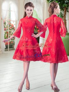 A-line Prom Evening Gown Red High-neck 3 4 Length Sleeve Knee Length Zipper