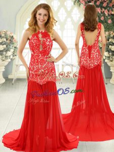 Red Evening Dress Prom and Party with Lace Scoop Sleeveless Brush Train Backless