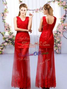 Classical Red V-neck Lace Up Lace Dama Dress for Quinceanera Sleeveless