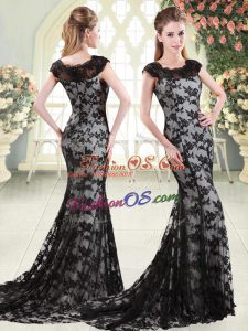Black Lace Zipper Scoop Sleeveless Prom Party Dress Sweep Train Appliques