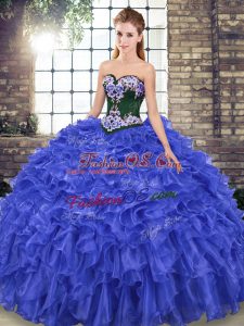 Royal Blue Sleeveless Embroidery and Ruffles Lace Up Sweet 16 Dress