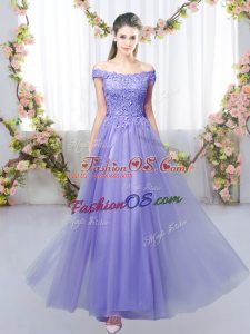 Dynamic Off The Shoulder Sleeveless Lace Up Vestidos de Damas Lavender Tulle