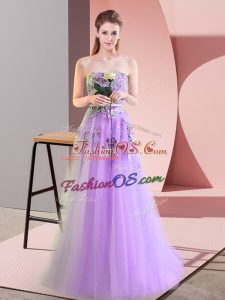 Lavender A-line Appliques Prom Party Dress Lace Up Tulle Sleeveless Floor Length