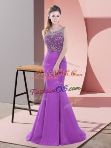 Purple Dress for Prom Satin Sweep Train Sleeveless Beading and Lace