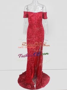 Smart Red Mermaid Off The Shoulder Short Sleeves Sequins Homecoming Dress Sweep Train