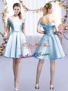 Low Price Mini Length A-line Sleeveless Light Blue Bridesmaids Dress Lace Up
