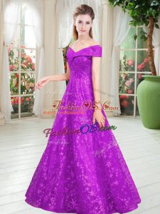 High Class Beading Prom Dresses Purple Lace Up Sleeveless Floor Length