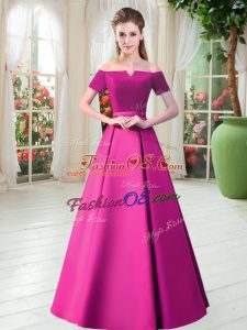 Fashionable Fuchsia Short Sleeves Belt Floor Length Prom Party Dress