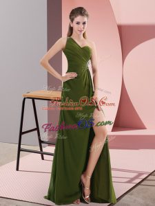 Sleeveless Chiffon Floor Length Backless Prom Evening Gown in Olive Green with Beading