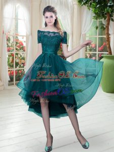 Peacock Green A-line Lace Evening Dress Lace Up Tulle Short Sleeves High Low