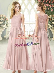 Shining Scoop Sleeveless Homecoming Dress Ankle Length Lace Pink Chiffon