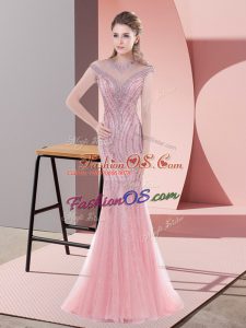 Scoop Cap Sleeves Prom Dresses Sweep Train Beading and Lace Pink Tulle