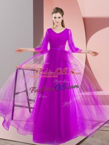Latest Tulle V-neck Long Sleeves Lace Up Beading Dress for Prom in Purple