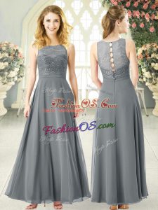 Grey Chiffon Clasp Handle Dress for Prom Sleeveless Ankle Length Lace