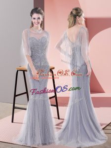 Top Selling Zipper Prom Party Dress Grey for Prom and Party with Beading Sweep Train