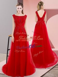 Red Empire Beading and Appliques Lace Up Tulle Sleeveless