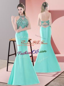 Luxury Backless Prom Dresses Blue and Apple Green for Prom and Party and Military Ball with Beading Sweep Train