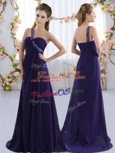 Colorful Purple Empire One Shoulder Sleeveless Chiffon Brush Train Lace Up Beading Dama Dress