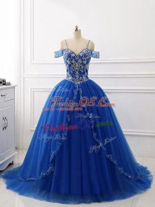 Royal Blue Sleeveless Brush Train Beading 15th Birthday Dress