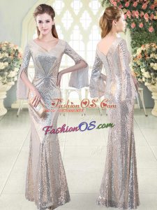 Most Popular V-neck Long Sleeves Prom Dresses Floor Length Ruching Silver Sequined