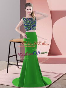 Romantic Green Two Pieces Scoop Sleeveless Satin Sweep Train Backless Beading and Pick Ups Dress for Prom