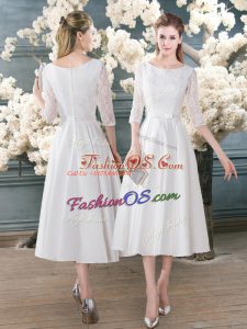 White A-line Satin Scoop 3 4 Length Sleeve Lace Tea Length Zipper Prom Gown