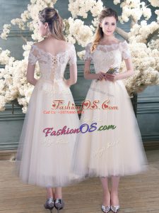 Tea Length A-line Short Sleeves White Teens Party Dress Lace Up