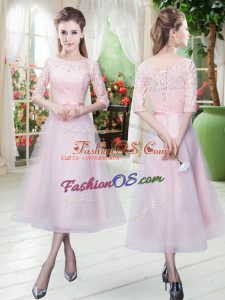Ankle Length Baby Pink Dress for Prom Scoop Half Sleeves Lace Up