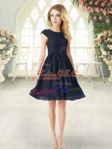 New Style Black A-line Chiffon Scoop Cap Sleeves Belt Mini Length Zipper Prom Party Dress