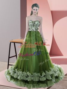 Fancy Sweetheart Sleeveless Tulle Prom Dresses Beading and Appliques Sweep Train Lace Up