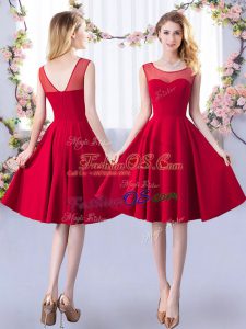 Modern Red Satin Zipper Scoop Sleeveless Knee Length Bridesmaids Dress Ruching