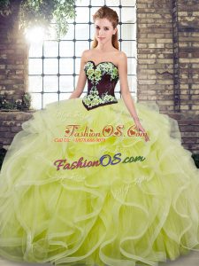 Yellow Green Sweetheart Lace Up Embroidery and Ruffles 15th Birthday Dress Sweep Train Sleeveless