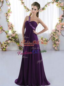 Cute Purple Sleeveless Chiffon Brush Train Lace Up Bridesmaid Dresses for Prom and Party