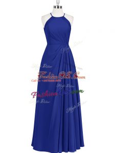 Halter Top Sleeveless Prom Gown Floor Length Ruching Royal Blue Chiffon