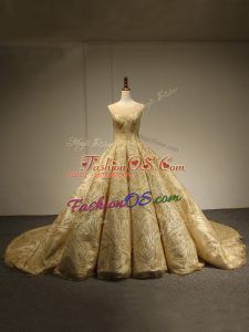 Gold Lace Up Sweet 16 Quinceanera Dress Sleeveless Brush Train Sequins