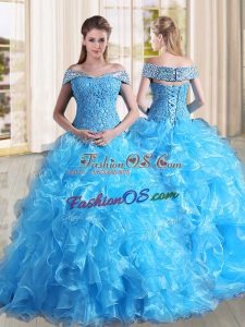 Baby Blue Lace Up Off The Shoulder Beading and Lace and Ruffles 15th Birthday Dress Organza Sleeveless Sweep Train