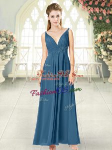Ankle Length Blue Prom Party Dress V-neck Sleeveless Backless