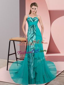 Edgy Tulle Spaghetti Straps Sleeveless Sweep Train Zipper Beading and Lace Prom Dress in Teal