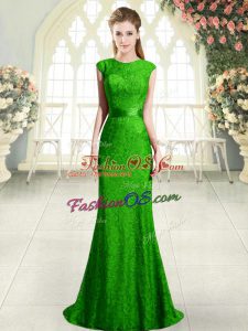 Green Homecoming Dress Scoop Cap Sleeves Sweep Train Backless