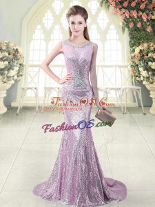 Amazing Lilac Sequined Zipper Scoop Sleeveless Homecoming Dress Brush Train Beading and Sequins