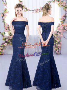 Clearance Navy Blue Lace Up Off The Shoulder Sleeveless Floor Length Court Dresses for Sweet 16 Lace