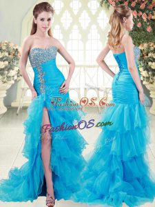 Lace Up Prom Dress Aqua Blue for Prom and Party with Beading and Ruffled Layers Brush Train