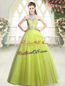 Floor Length Yellow Green Evening Dress Tulle Sleeveless Beading