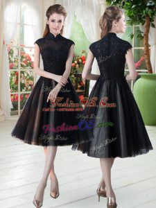 Black Cap Sleeves Beading and Lace Knee Length