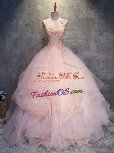 Fine Pink Quinceanera Dresses Military Ball and Sweet 16 and Quinceanera with Appliques and Ruffles Scoop Sleeveless Lace Up