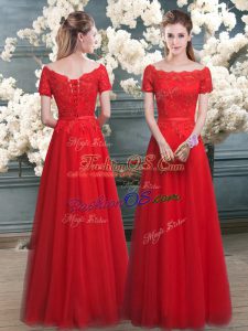 Tulle Off The Shoulder Short Sleeves Lace Up Lace Evening Dress in Red