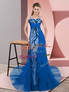 Customized Blue Sleeveless Sweep Train Beading and Lace Prom Dress