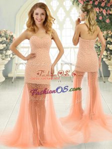Orange and Peach Column/Sheath Beading Prom Dresses Zipper Tulle Sleeveless